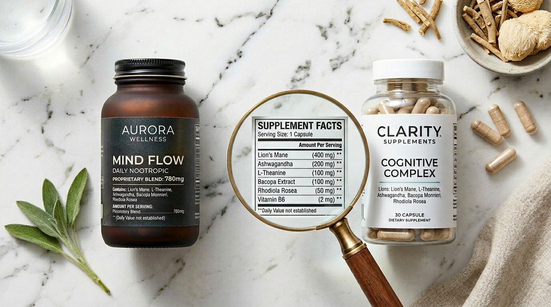 Comparison showing supplement pixie dusting proprietary blend versus transparent full dose disclosure showing KSM-66 ashwagandha and collagen peptides at clinically effective amounts