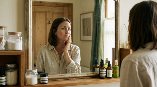 Woman in perimenopause examining cortisol block skin changes including collagen loss and dryness with inside-out supplement support protocol