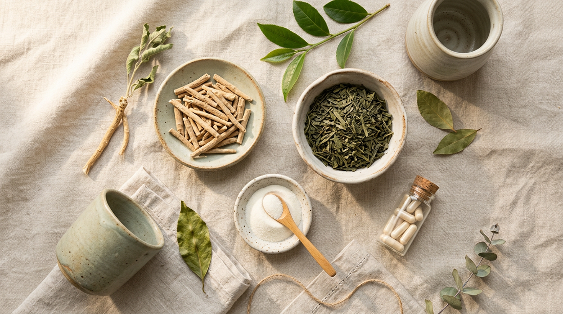 Flat lay of adaptogenic herbs for skin health including ashwagandha root, green tea leaves, collagen powder, and supplement capsules arranged on natural linen with ceramic bowls-tea-collagen.jpg