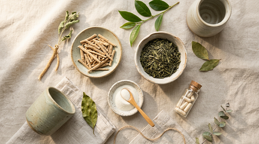 Flat lay of adaptogenic herbs for skin health including ashwagandha root, green tea leaves, collagen powder, and supplement capsules arranged on natural linen with ceramic bowls-tea-collagen.jpg