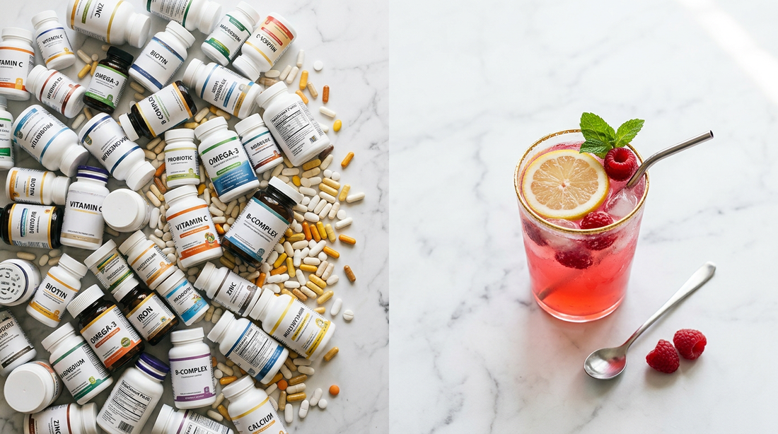 Split image comparing cluttered generic supplement bottles and capsules on the left versus a clean premium raspberry lemonade stress and skin drink mix on the right, representing a better approach to stress relief