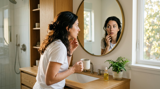 Woman looking at her skin in a bathroom mirror while holding a cup of coffee, morning light, showing concern about skin changes