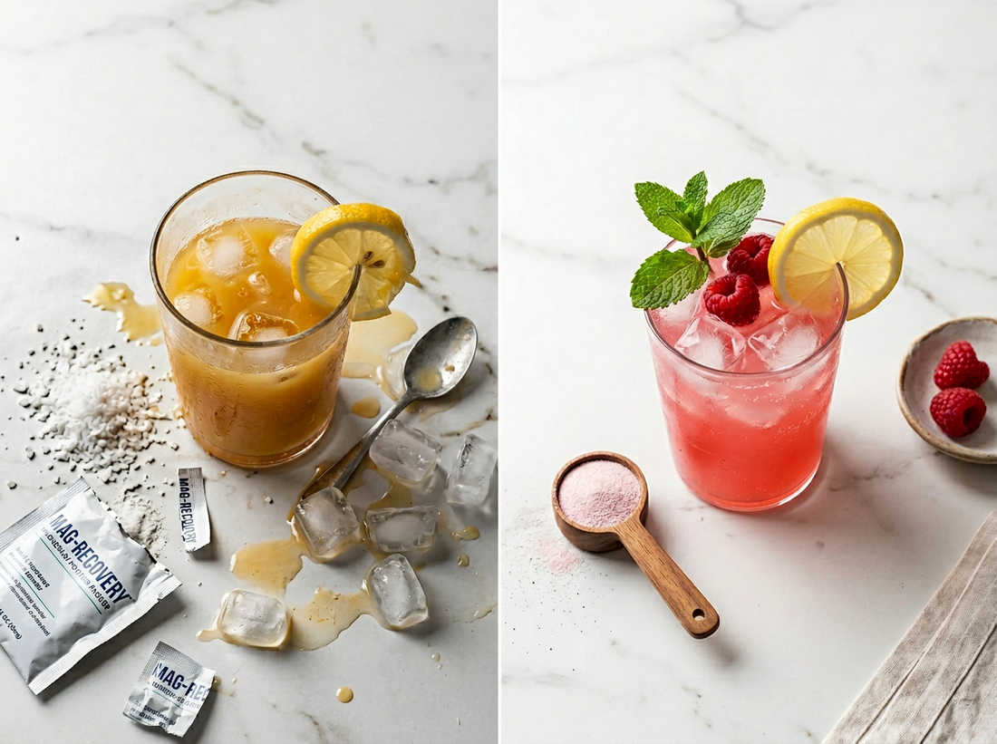 Side by side comparison of a DIY cortisol cocktail made with orange juice and salt next to a clinical-grade cortisol support drink mix with ashwagandha and collagen