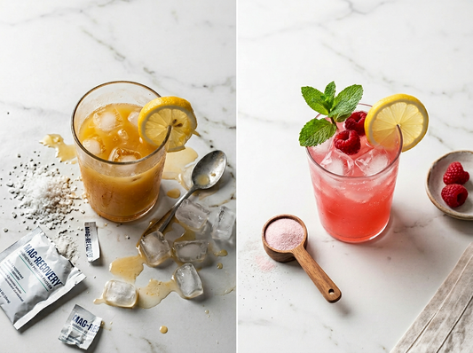 Side by side comparison of a DIY cortisol cocktail made with orange juice and salt next to a clinical-grade cortisol support drink mix with ashwagandha and collagen