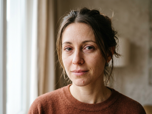 Woman showing signs of cortisol face — dark circles, puffiness and dull skin from chronic stress.