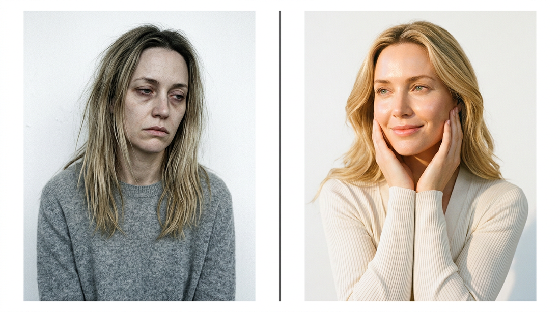 Split image showing skin before and after fixing cortisol levels — dull stressed skin versus glowing radiant skin transformation