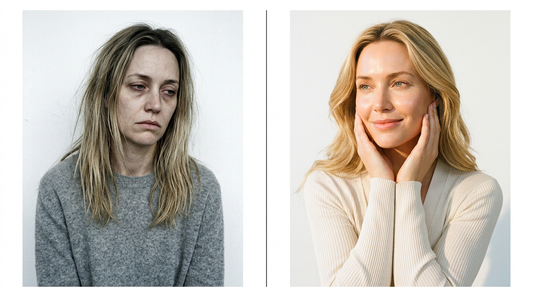 Split image showing skin before and after fixing cortisol levels — dull stressed skin versus glowing radiant skin transformation