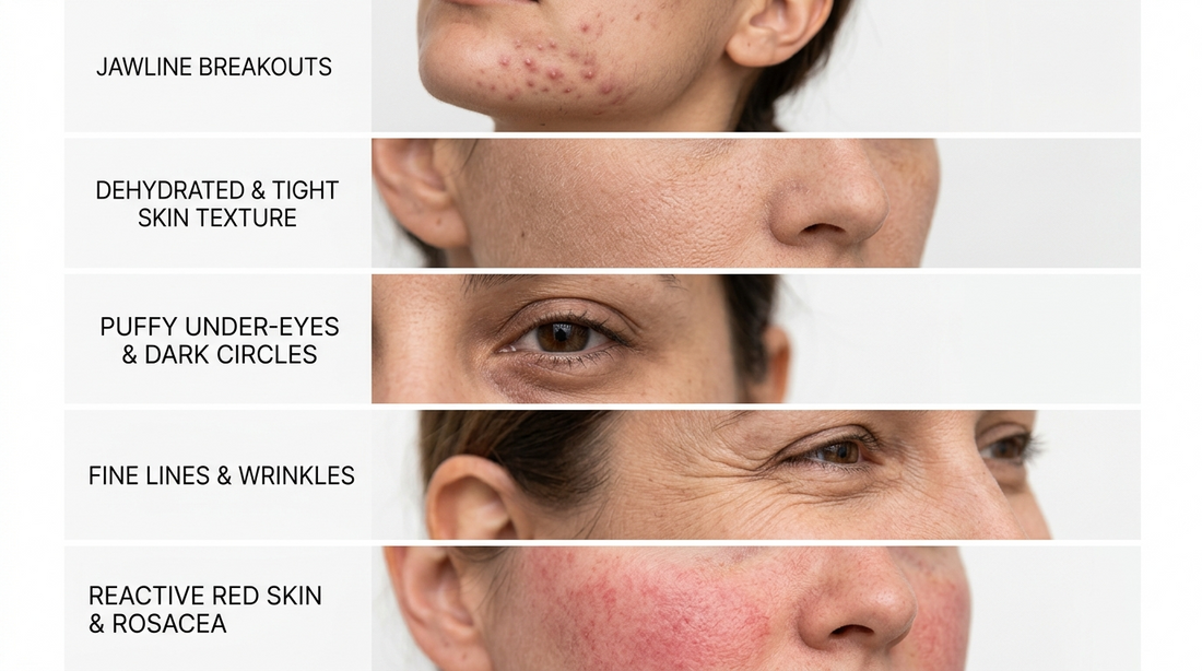 Five close up skin concerns caused by high cortisol including stress breakouts, dehydration, puffiness and fine lines