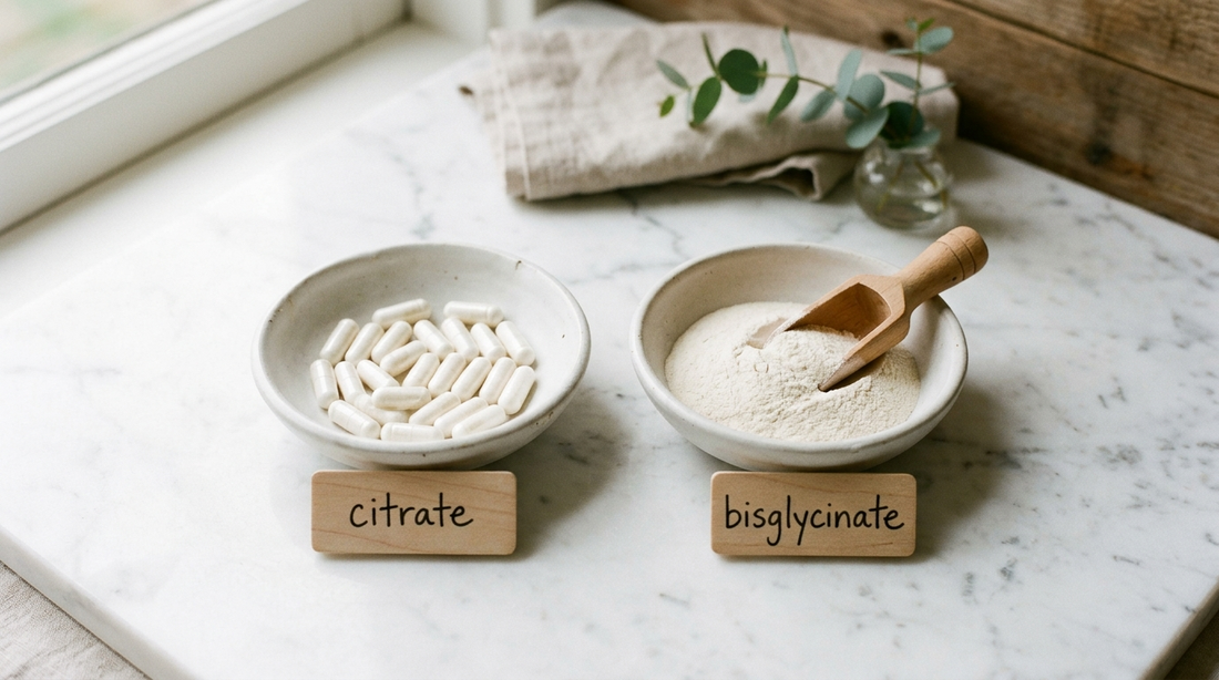 Side by side comparison of magnesium bisglycinate versus magnesium citrate supplement forms for stress and skin health