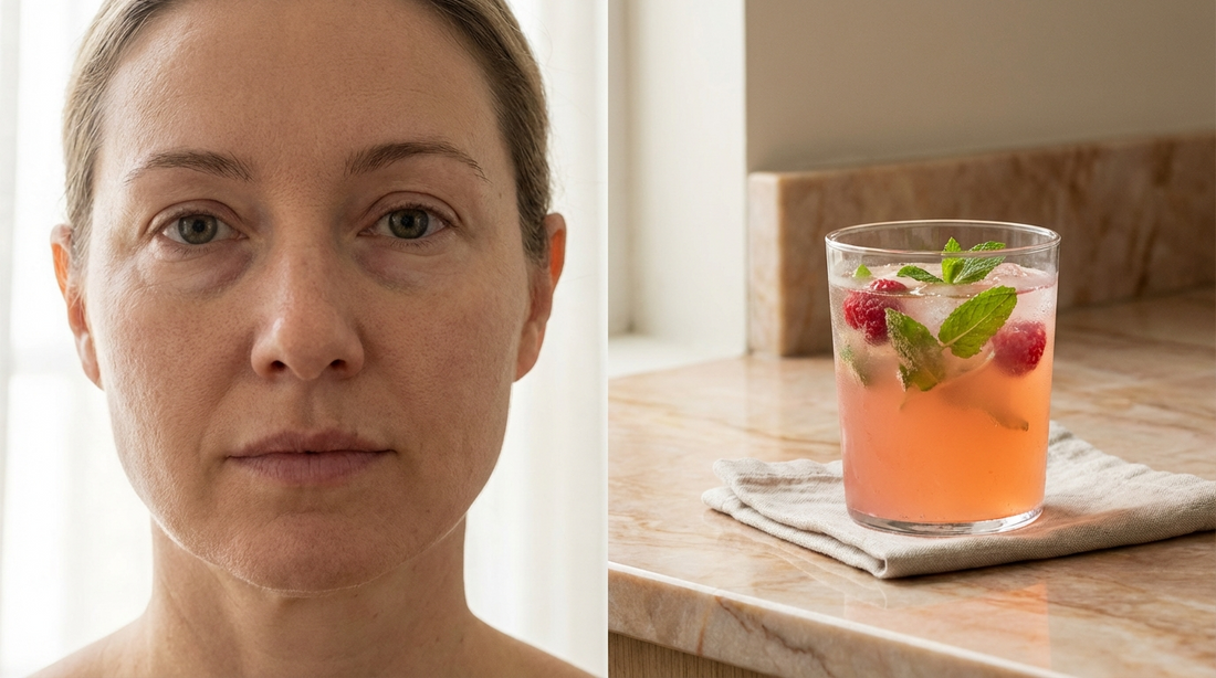 Woman showing stress-related facial puffiness from cortisol sodium retention with adaptogenic drink mix showing inside-out de-puff protocol