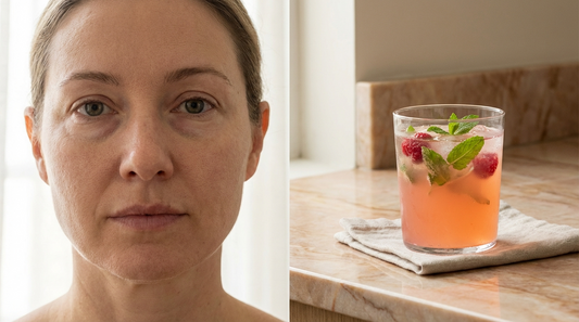 Woman showing stress-related facial puffiness from cortisol sodium retention with adaptogenic drink mix showing inside-out de-puff protocol