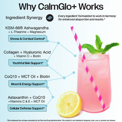 CalmGlo+ ingredient synergy chart showing KSM-66 Ashwagandha L-Theanine Magnesium for cortisol control and Collagen Hyaluronic Acid for skin support