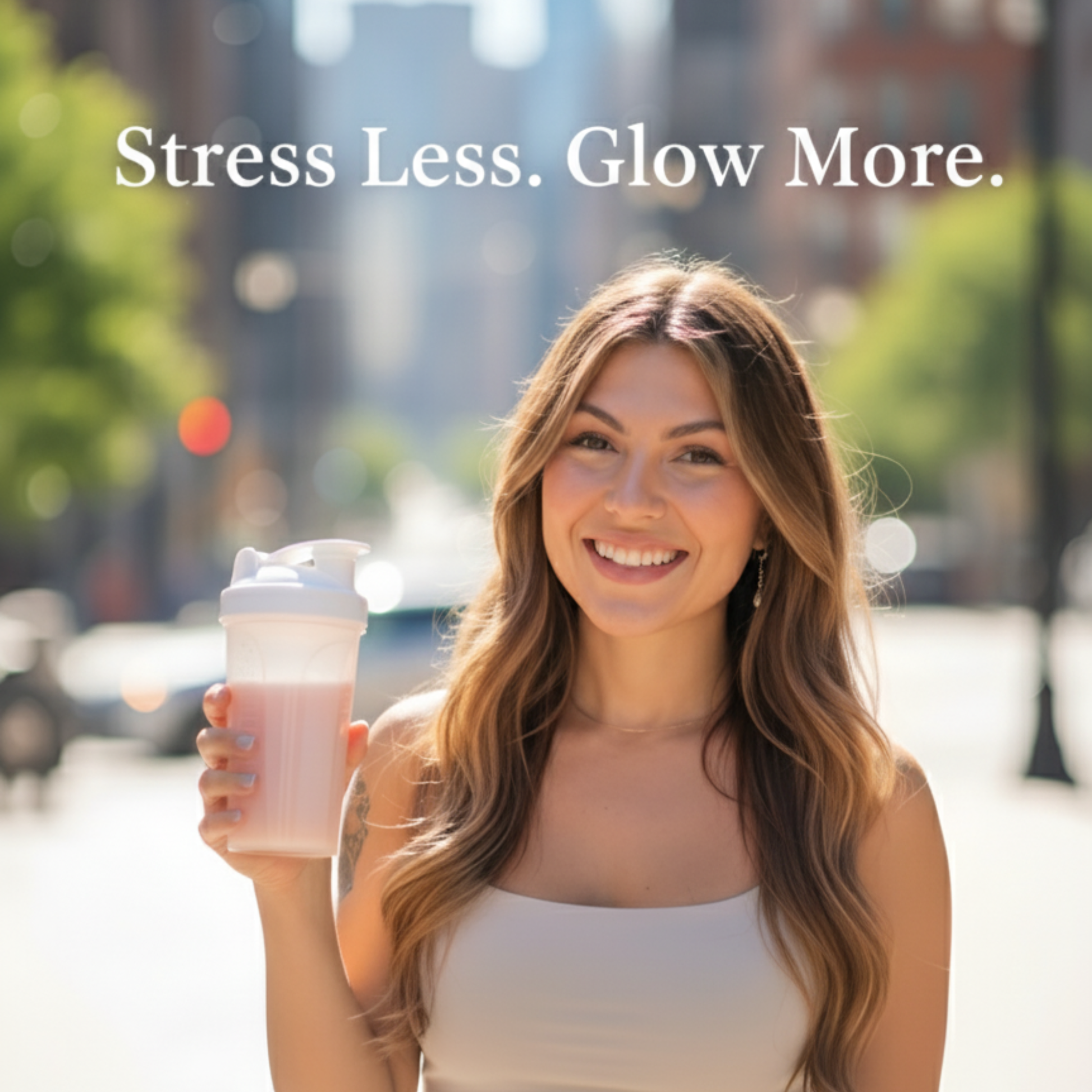 Woman holding ashaker cup fille dwith calmglo strress and skin support drink it in, with 'Stress Less. Glow More.' text on a city street.