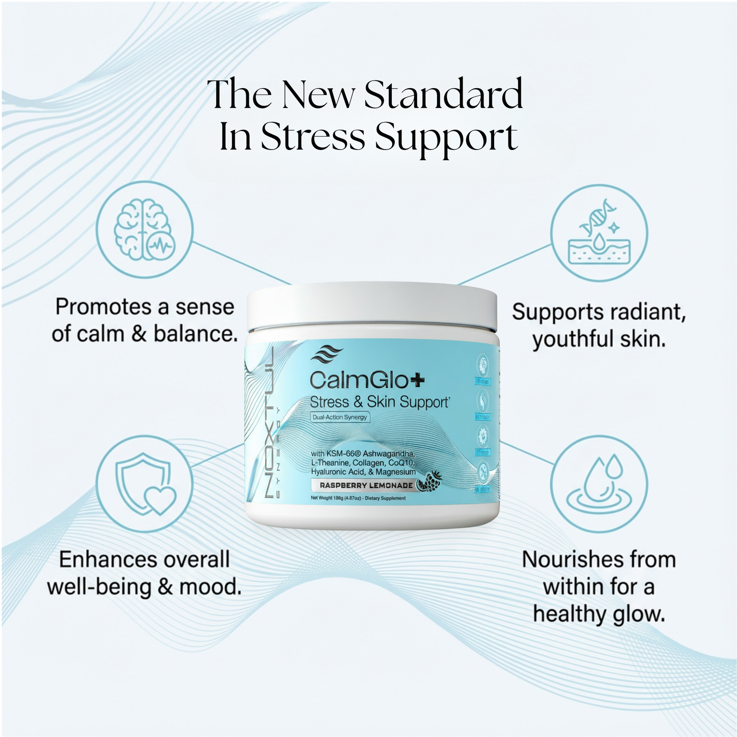 CalmGlo+ stress and skin support supplement promoting calm balance radiant skin and overall mood and energy
