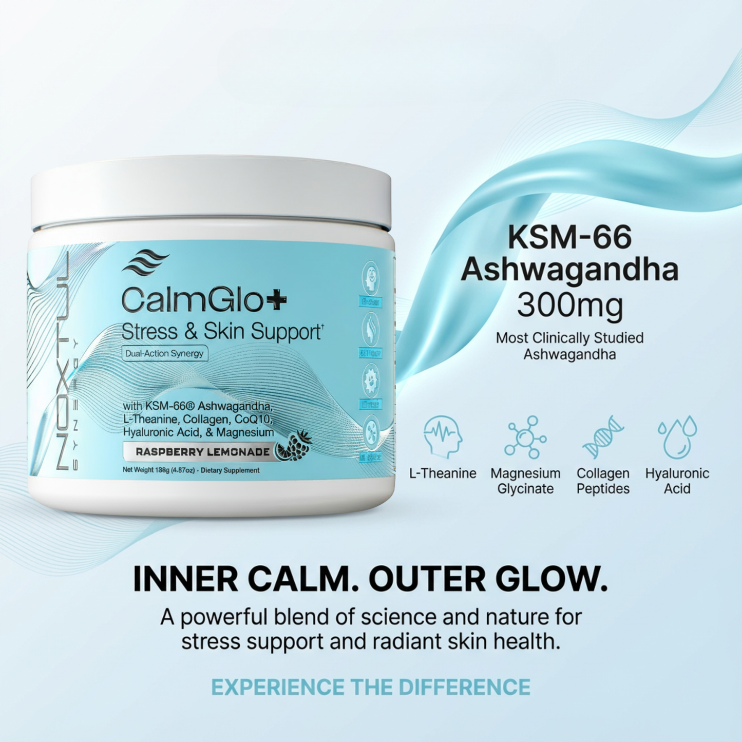CalmGlo+ featuring KSM-66 Ashwagandha 300mg with L-Theanine Magnesium Glycinate Collagen Peptides and Hyaluronic Acid for stress and skin health
