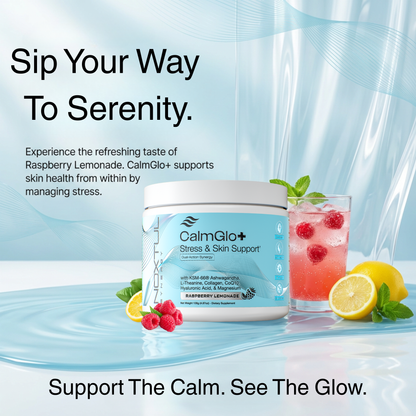 CalmGlo+ raspberry lemonade cortisol and skin support drink mix with fresh raspberries and lemon