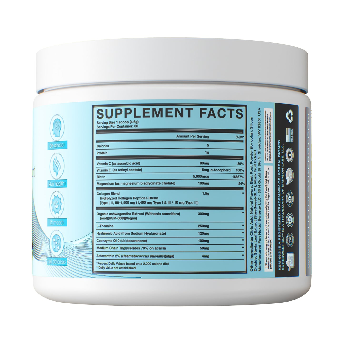 CalmGlo+ supplement facts label showing full ingredient doses with no proprietary blends including 300mg KSM-66 Ashwagandha and 1500mg Collagen Peptides