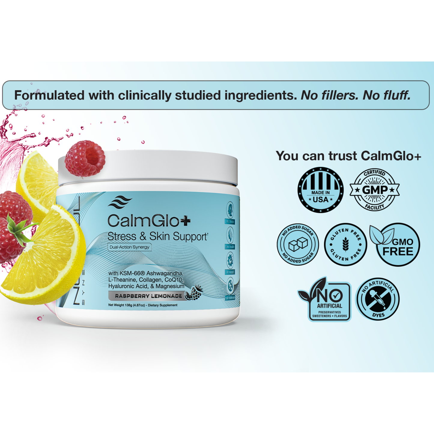 CalmGlo+ Stress & Skin Support - Refreshing Raspberry Lemonade, 30 Servings